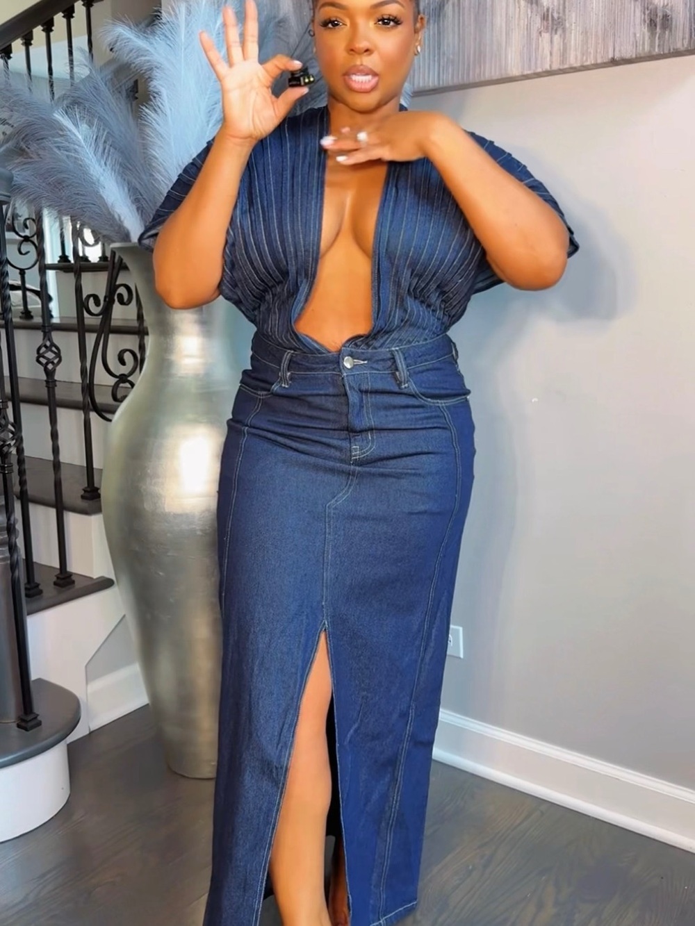 AKIRA Dark Blue Denim Deep V Maxi Dress with Front Slit